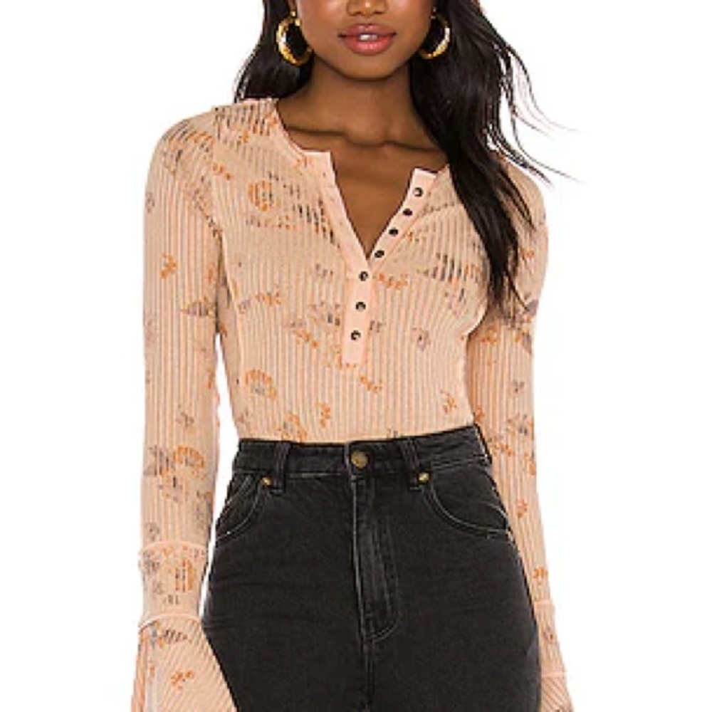 Free People Layer Me Henley in Just Peachy Combo Floral Button-Down Top